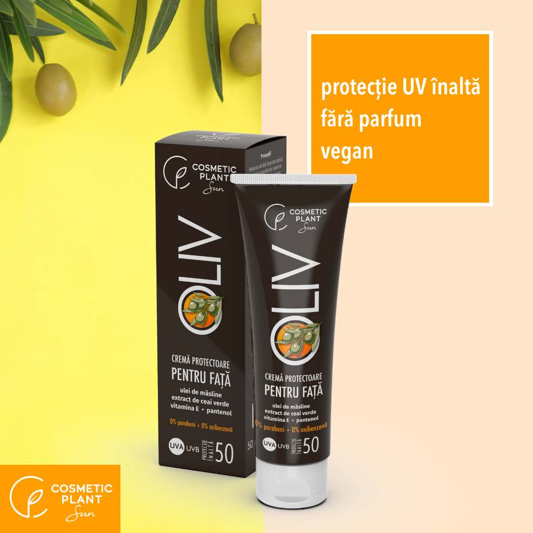 Cremă protectoare pentru față OLIV cu SPF50 cu ulei de măsline, ceai verde, vit. E, pantenol