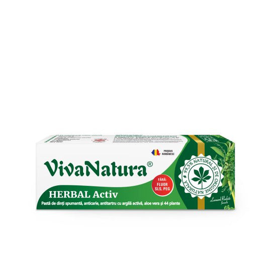 Herbal Activ – pasta de dinti 99,5% naturala spumanta cu argila si Aloe Vera, fără fluor 50 ml – Leonard Radutz formula – VivaNatura