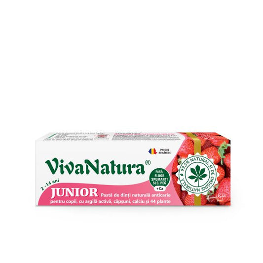Junior Capsuni – pasta de dinti naturală pentru copii cu argila activa, capsuni, calciu si 44 plante, fara fluor, 50 ml – Leonard Radutz formula – VivaNatura