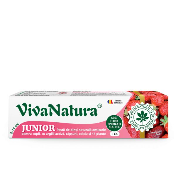 Junior Capsuni – pasta de dinti naturală pentru copii cu argila activa, capsuni, calciu si 44 plante, fara fluor, 80 ml – Leonard Radutz formula – VivaNatura
