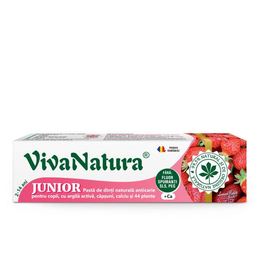 Junior Capsuni – pasta de dinti naturală pentru copii cu argila activa, capsuni, calciu si 44 plante, fara fluor, 80 ml – Leonard Radutz formula – VivaNatura