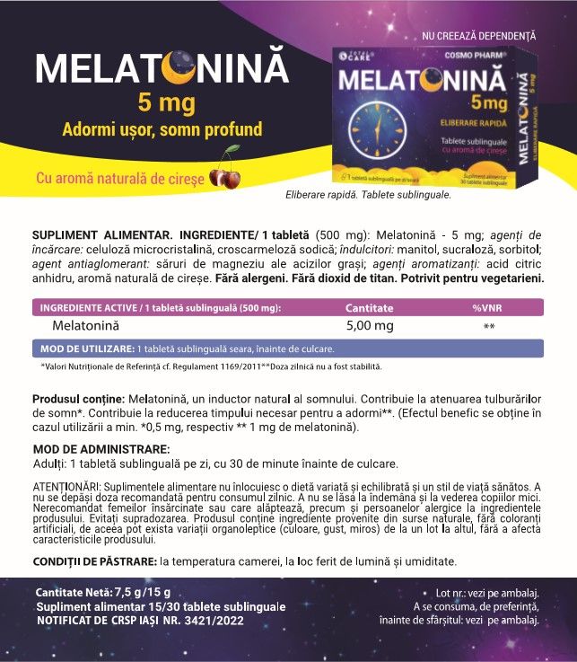 MELATONINA 5 mg FAST RELEASE – Adormi Usor, Somn Profund