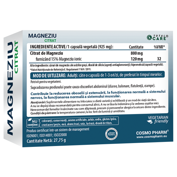 Magneziu Citrat 800 mg – Magneziu pur elemental 120 mg