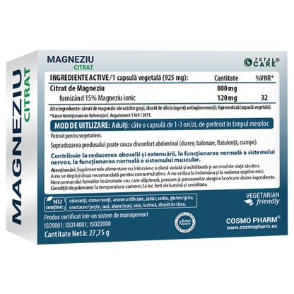 Magneziu Citrat 800 mg – Magneziu pur elemental 120 mg