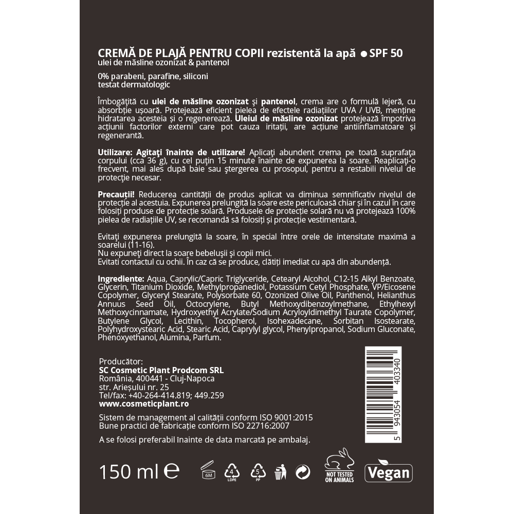 Emulsie plajă OZON SPF20 rezistentă la apă cu ulei de măsline ozonizat