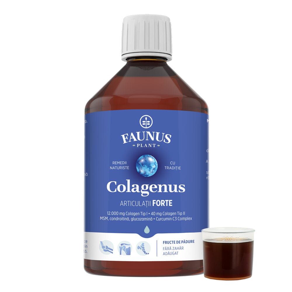 Colagenus Articulații Forte - Colagen lichid concentrat, 12.000mg colagen tip 1 și 40mg colagen tip 2. Flacon 500ml. Susține sănătatea articulațiilor, reducerea inflamațiilor și durerii reumatice, refacerea mușchilor și ligamentelor
