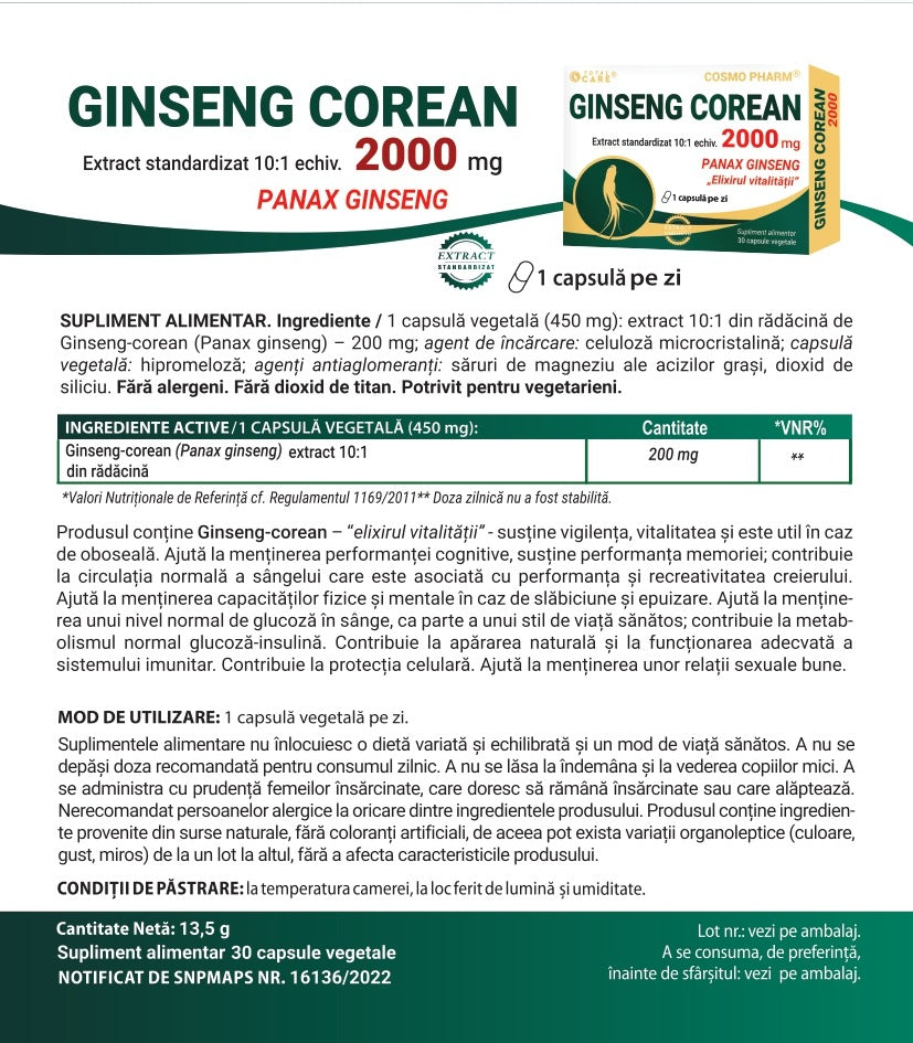 GINSENG COREAN 2000 mg – Vitalitate si Echilibru!