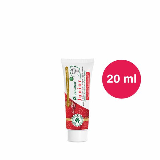 Junior Capsuni Travel – pasta de dinti naturală pentru copii cu argila si capsuni, fara fluor, 20 ml – Leonard Radutz formula – VivaNatura