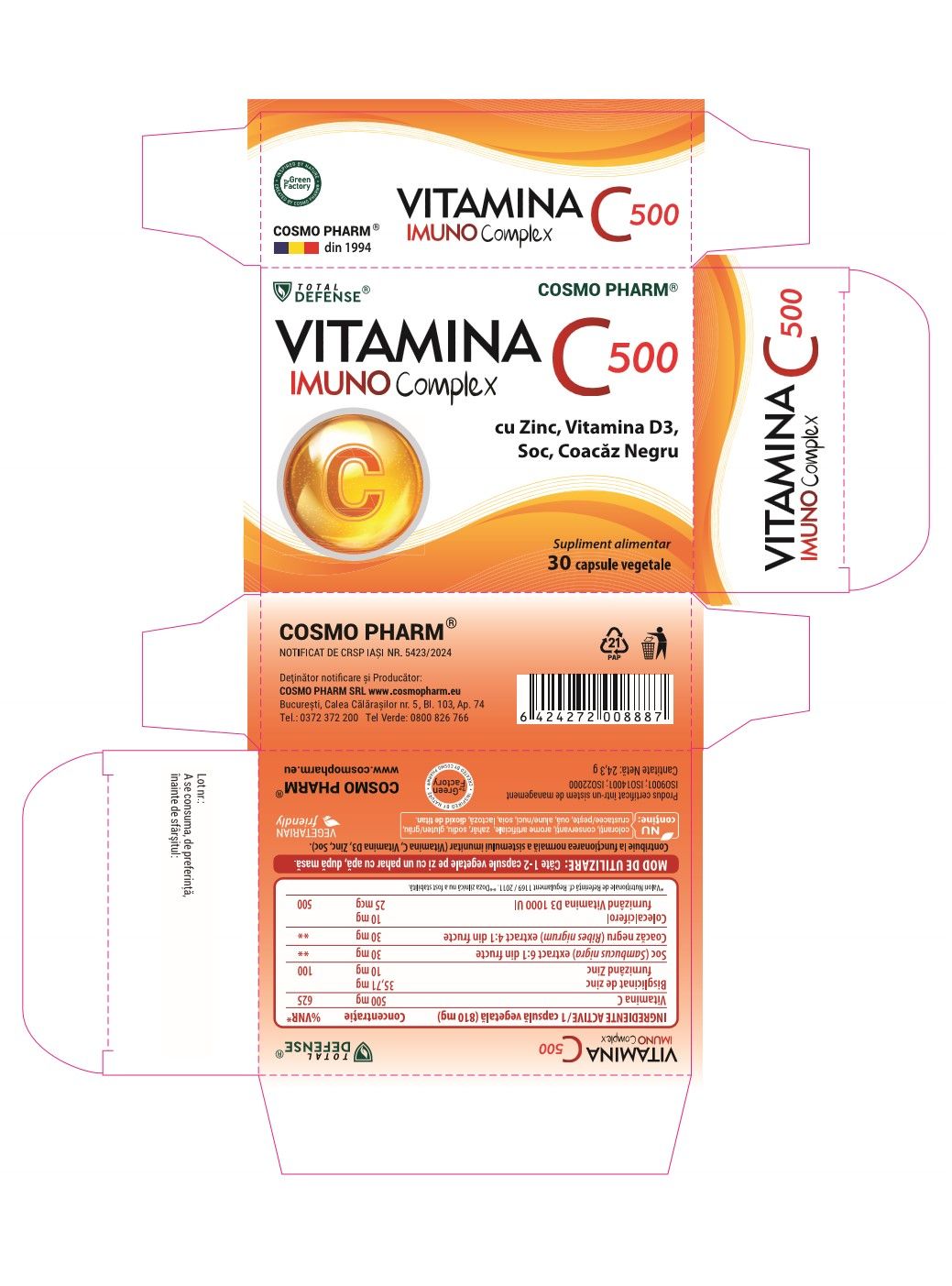 Vitamina C 500 Imuno Complex cu Zinc, Soc, Coacaz Negru si Vitamina D3