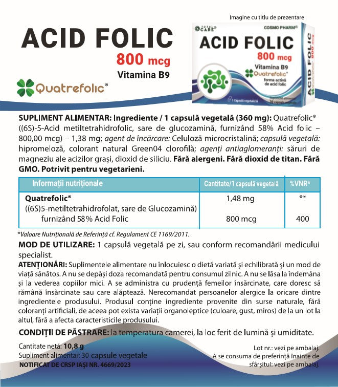 Acid Folic Quatrefolic® 800 mcg – forma bioactivă si naturala (5-MTHF)