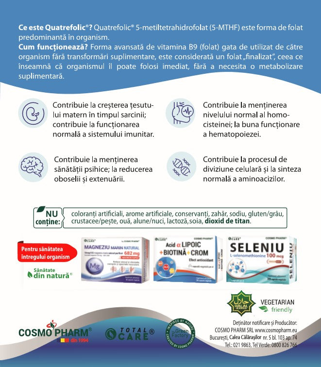 Acid Folic Quatrefolic® 800 mcg – forma bioactivă si naturala (5-MTHF)