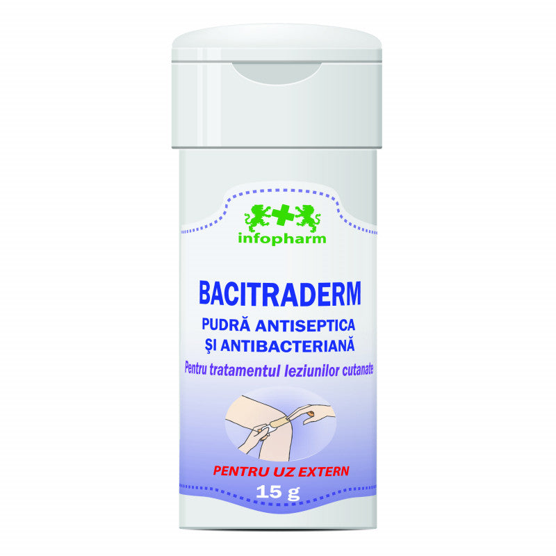 Bacitraderm - PudrĀ antiseptică și antibacteriană pe bază de bacitracină (15 g)