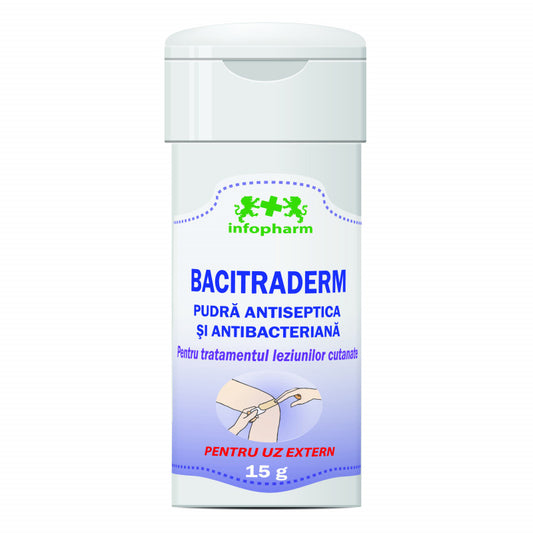 Bacitraderm - PudrĀ antiseptică și antibacteriană pe bază de bacitracină (15 g)