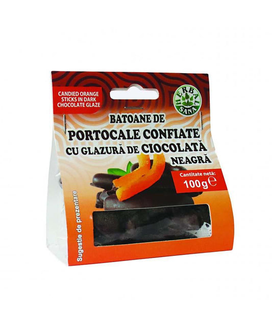 Batoane de Portocale Confiate cu Glazura de Ciocolata Neagra 100 g, Herbal Sana