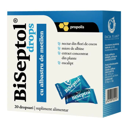 BiSeptol drops cu albastru de metilen și propolis de la Dacia Plant, 20 dropsuri