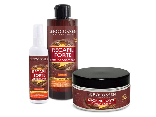 Set Recapil Forte ingrijire completa contra caderii parului unisex: sampon cafeina 400ml+masca cafeina 300ml+ser cafeina 125 ml