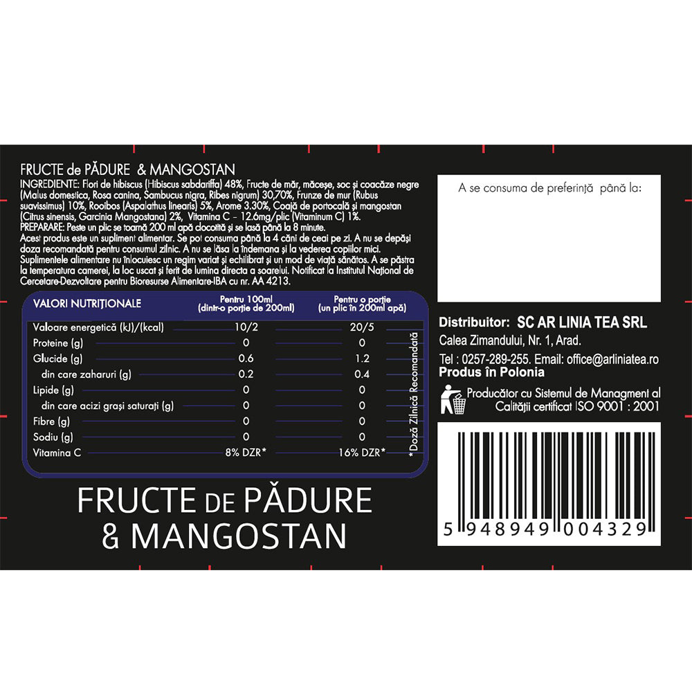 Ceai cu fructe de padure si mangosan, 15 plicuri, Naturavit