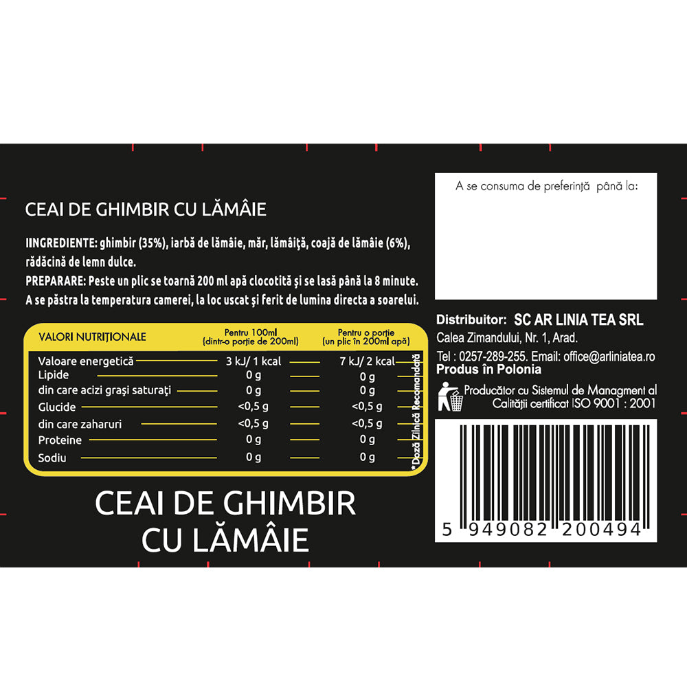 Ceai de ghimbir cu lamaie, 15 plicuri, Naturavit