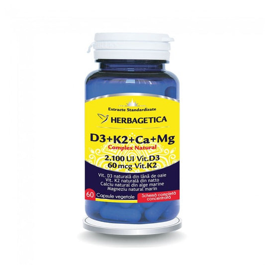 Complex Natural D3+K2+CA+MG Herbagetica 60 capsule