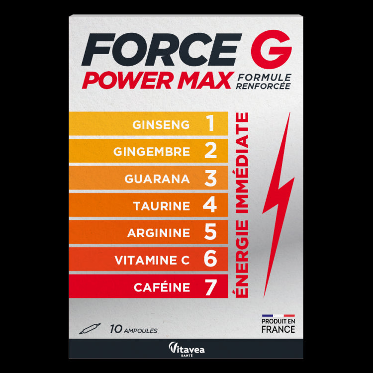 FORCE G POWER MAX, tonic natural pentru energie imediată, 10 fiole buvabile, formulă îmbunătățită