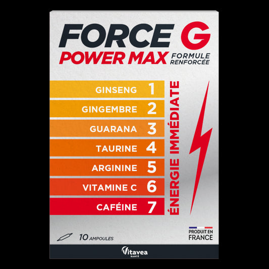 FORCE G POWER MAX, tonic natural pentru energie imediată, 10 fiole buvabile, formulă îmbunătățită