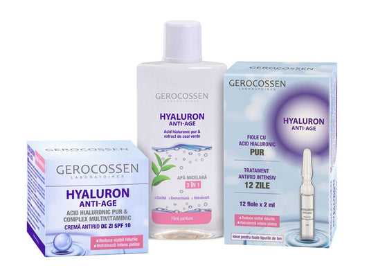Pachet Hyaluron Anti Age tratament intensiv: Fiole + Crema antirid zi + Apa micelara