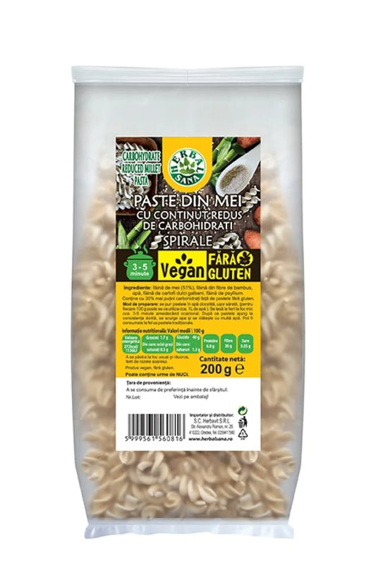 PASTE DIN MEI CU CONȚINUT REDUS DE CARBOHIDRAȚI, SPIRALE, VEGAN, FĂRĂ GLUTEN – 200G