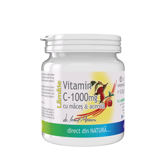 Vitamina C 1000mg cu Măceș & Acerola – aromă Lămâie, 10 comprimate, Pro Natura