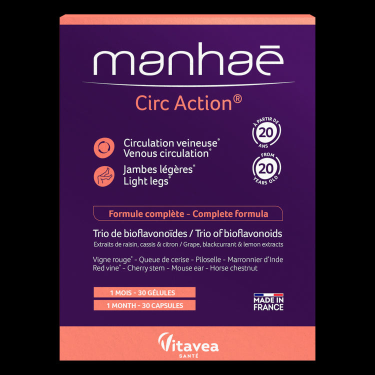 Manhaé Circ Action® - Acțiune Circulație, pentru picioare ușoare, 30 capsule vegetale – pentru 1 lună