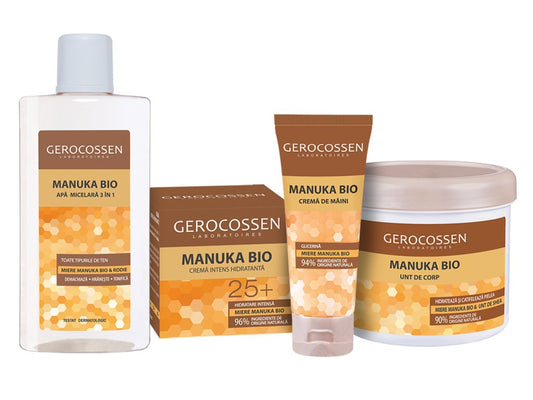Pachet Manuka Bio ingrijire si hidratare: Crema 25+, Apa micelara, Unt de corp si Crema maini