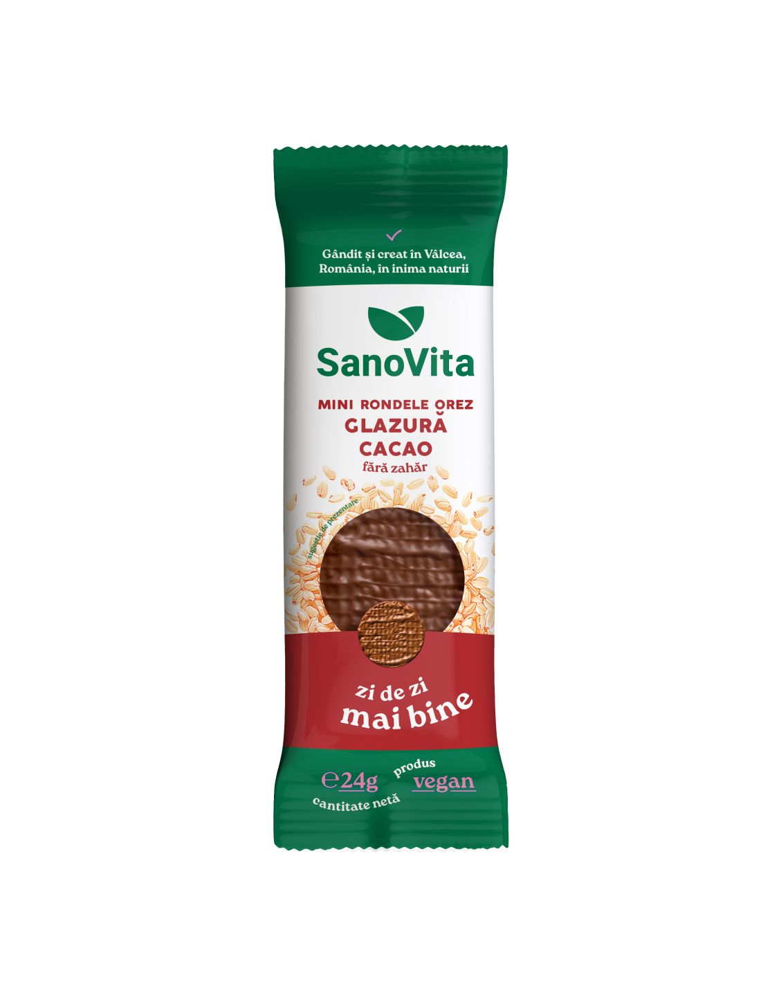 mini-rondele din orez cu glazură de cacao fără zahĂr (xylitol)
24g