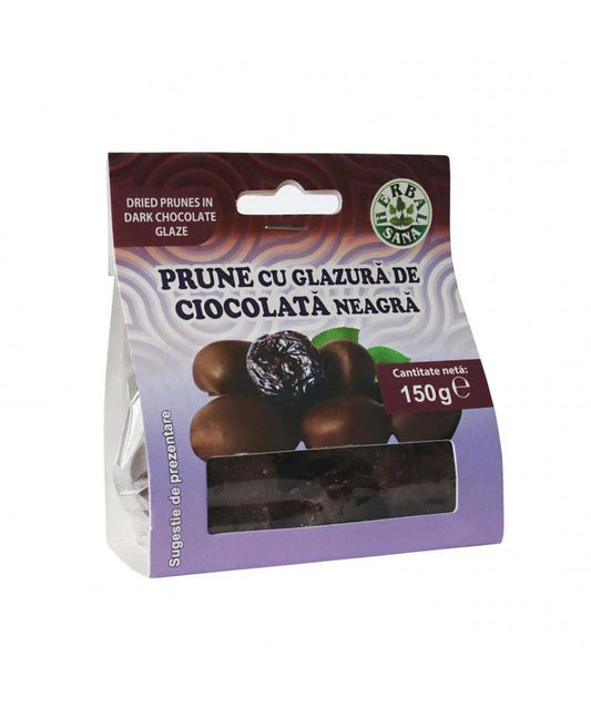 Prune Uscate cu Glazura de Ciocolata Neagra 150g, Herbal Sana