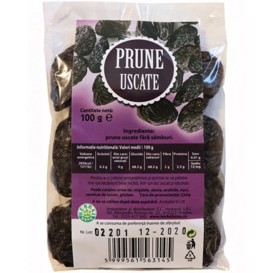 Prune uscate fara samburi - 100 g, Herbal Sana