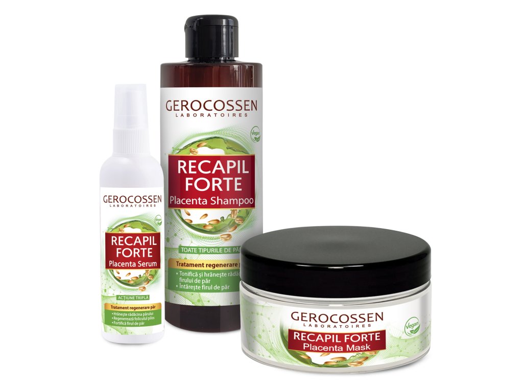 Set Recapil Forte regenerare par cu placenta: sampon placenta 400ml+masca placenta 300ml+ser placenta 125 ml