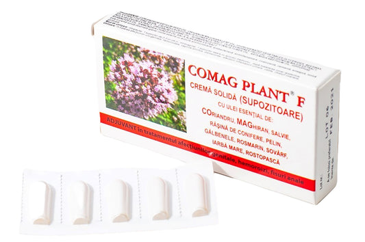 Comag Plant F – Supozitoare tratament afecțiuni uro-genitale, hemoroidale, vaginitelor atrofice