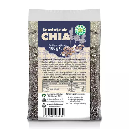 Semințe chia 100g Herbal Sana – Sursă vegetală de fibre