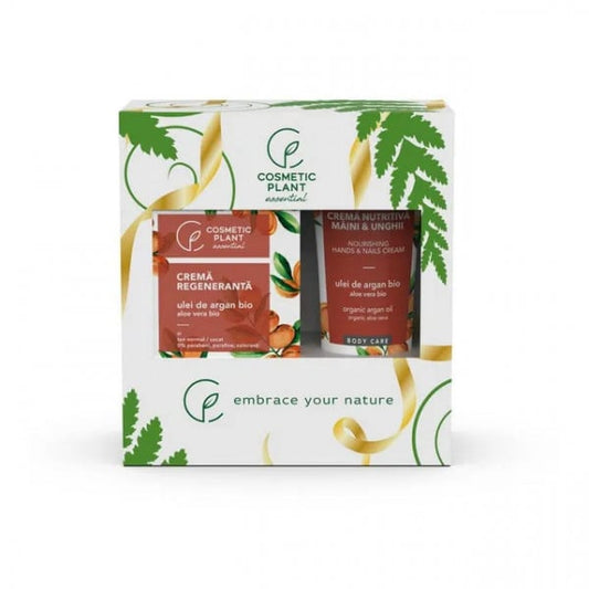Set cadou Essential - Cremă regenerantă de zi cu ulei de argan bio 50 ml + Cremă nutritivă mâini și unghii cu ulei de argan bio 100 ml, Cosmetic Plant