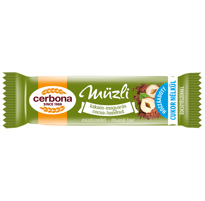 Baton musli cu alune și cacao, fără zahăr adăugat, cu îndulcitor