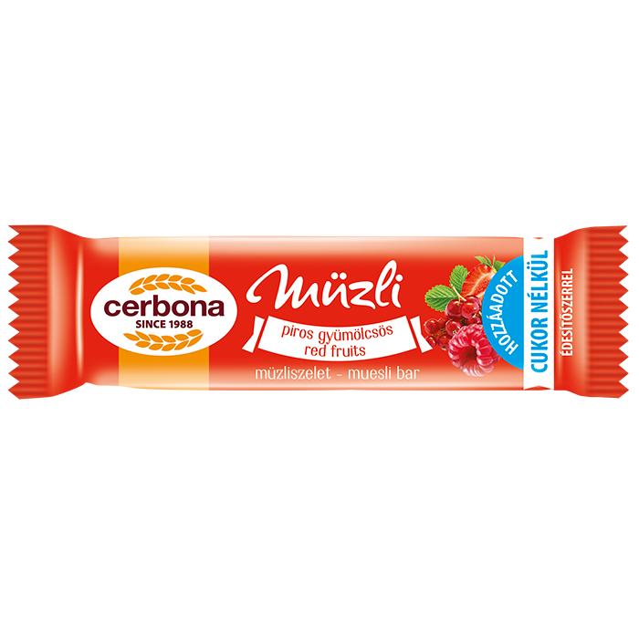 Baton musli cu fructe roșii, fără zahăr adăugat, cu îndulcitor