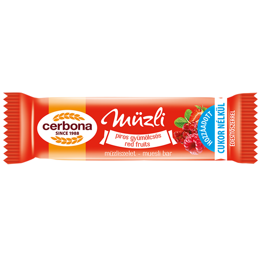 Baton musli cu fructe roșii, fără zahăr adăugat, cu îndulcitor
