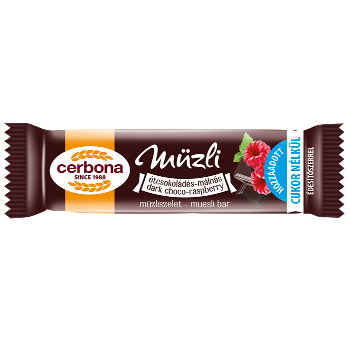 Baton musli cu ciocolată neagră și zmeură, cu talpă din glazură cu cacao, fără zahăr adăugat, cu îndulcitori