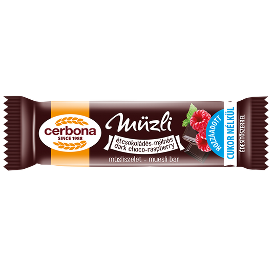 Baton musli cu ciocolată neagră și zmeură, cu talpă din glazură cu cacao, fără zahăr adăugat, cu îndulcitori