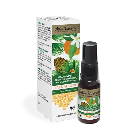 Spray de gât cu propolis, ulei de pin, salvie și portocală 20ml