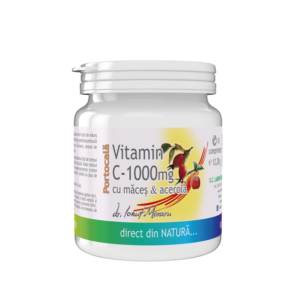 Vitamina C 1000mg cu Măceș & Acerola – aromă Portocală 10cp