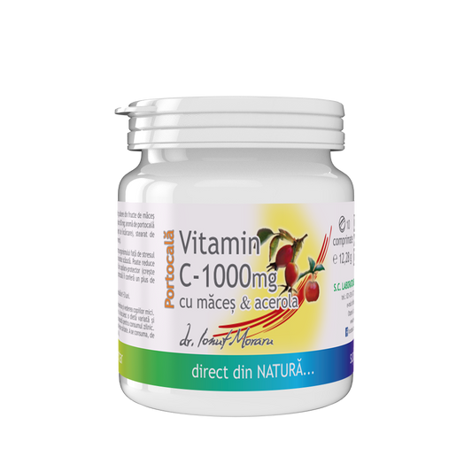 Vitamina C 1000mg cu Măceș & Acerola – aromă Portocală 10cp