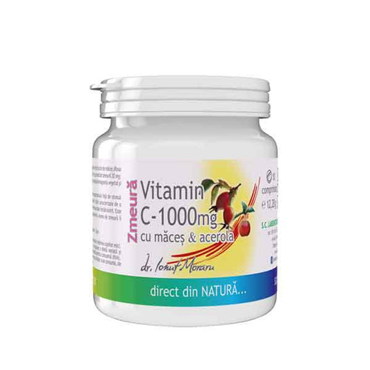 Vitamina C 1000 mg cu Măceș și Acerola, aromă Zmeură, 10 comprimate