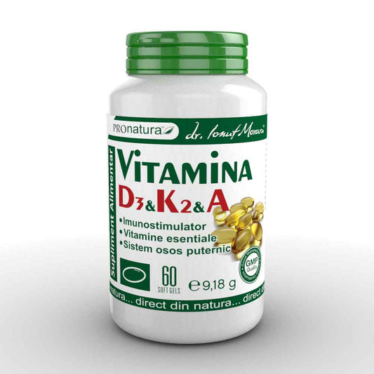 Vitamina D3 K2 A, 60 capsule gelatinoase