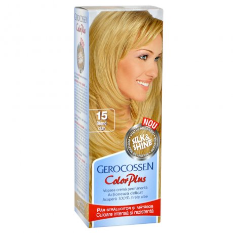 Vopsea de par Silk&Shine 15 Blond Clar - Color Plus 50ml + Pliculet cu masca pentru par uscat si deshidratat Argan Line 15 ml