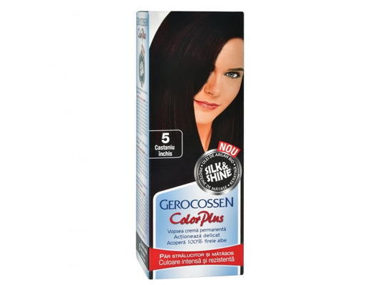 Vopsea de par Silk&Shine 5 Castaniu inchis - Color Plus 50ml + Pliculet cu masca pentru par uscat si deshidratat Argan Line 15 ml