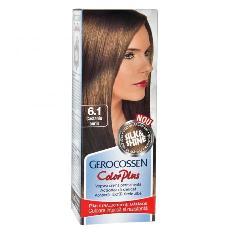 Vopsea de par Silk&Shine 6.1 Castaniu Auriu - Color Plus 50ml + Pliculet cu masca pentru par uscat si deshidratat Argan Line 15 ml